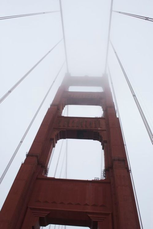Driving across the Golden Gate Bridge in the summer fog.
